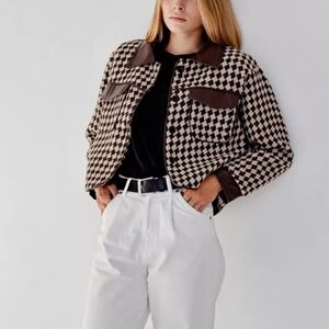 Chic Houndstooth Blazer - Black and Brown With Faux Leather Accents Cropped